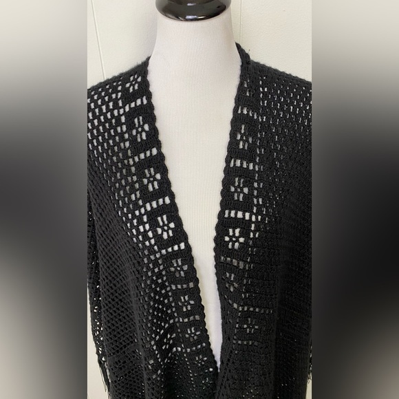 Handmade Shawl Black Crochet Wrap Fringe Chunky Boho Hippie Festival Cottagecore - Picture 2 of 10